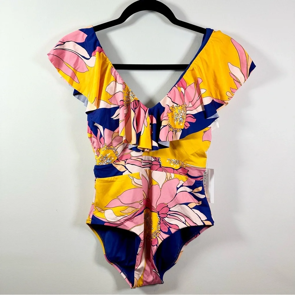 Trina Turk Breeze Ruffle Plunge One-Piece Swimsuit, Retro Multi-Color NWT - Picture 7 of 15